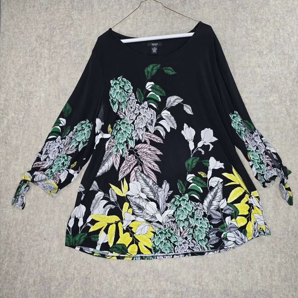 Alfani Womens 2X Black Floral Print Top With Tie Sleeves Polyester & Spandex